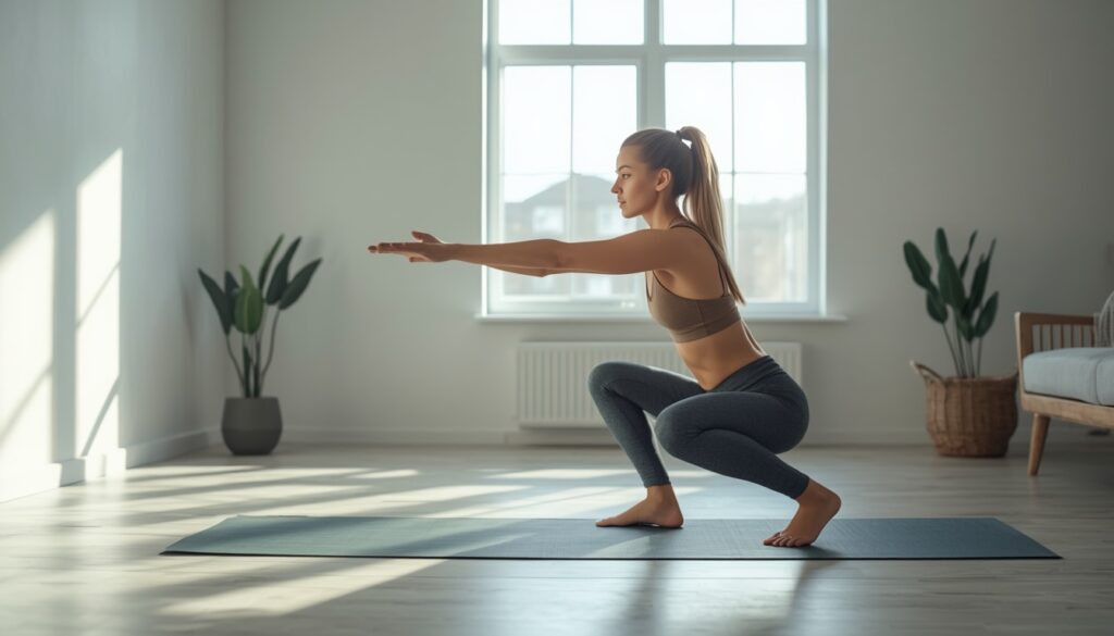 Beginner exercising at home during a bodyweight workout in a bright modern living room